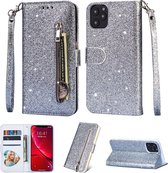 Portemonnee Hoesje - Wallet Case - Rits Sparkly Glitter - Telefoonhoes met Kord Geschikt voor: Apple iPhone 12 Mini - Zilver