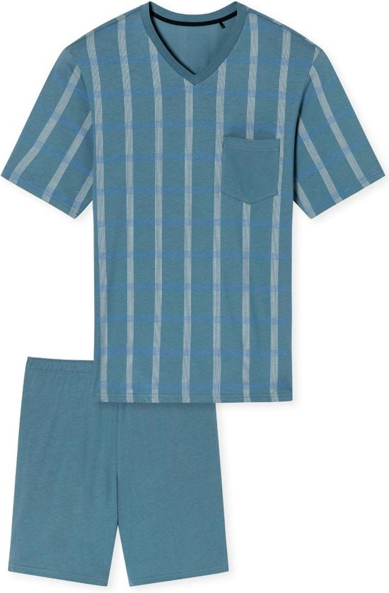 SCHIESSER Comfort Nightwear pyjamaset - heren pyjama short organic cotton V-hals borstzak blauw-grijs geruit - Maat: 4XL