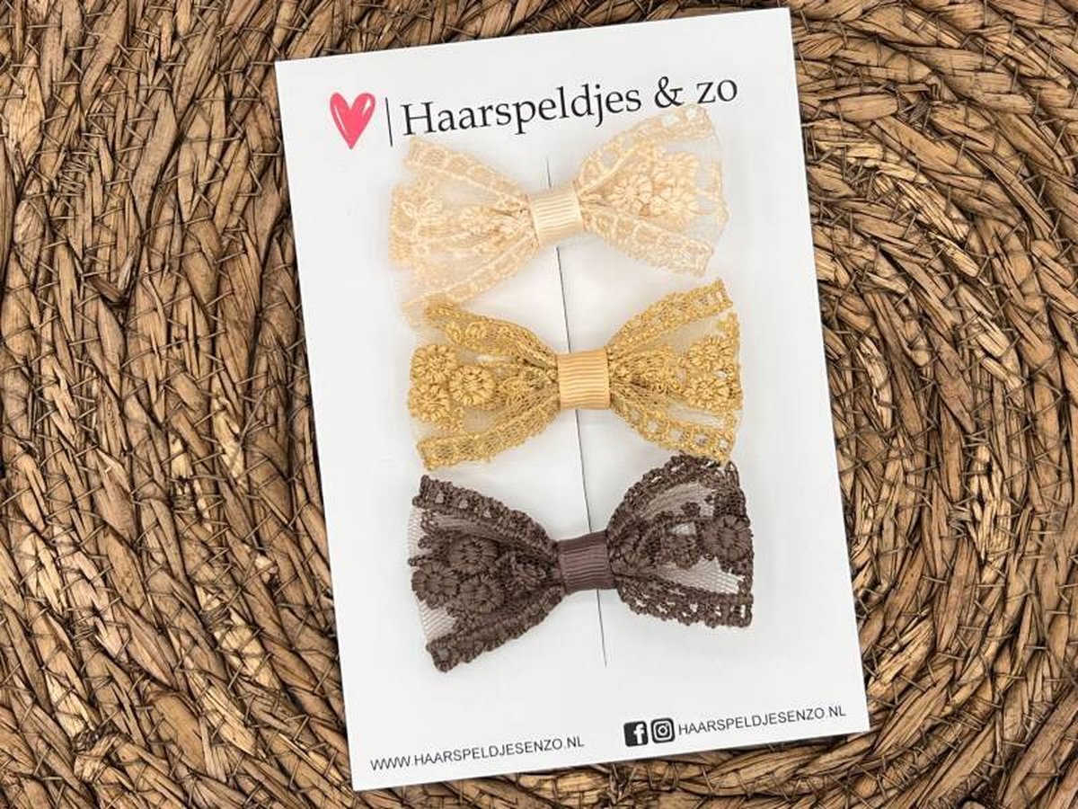 Haarstrik Flo setje 24 - set van drie strikken - kant - alligatorclip - beige/khaki/bruin