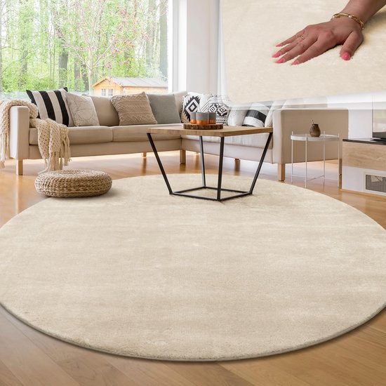 Tapijt voor woonkamer - Rond vloerkleed - Eenkleurig Wasbaar Zacht - Laagpolig - Maat: diameter 160 cm - Crème