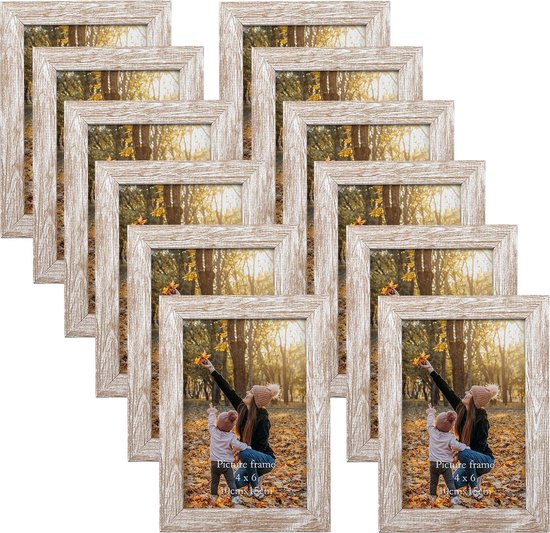 Set van 12 rustieke fotolijsten 10x15 cm met natuurlijke houtnerf voor 15x10 foto's, fotolijst collage set voor wand- of tafelstandaard
