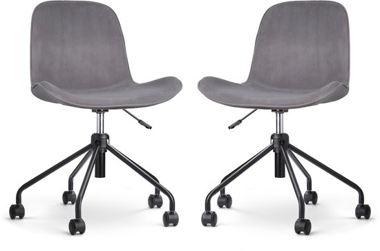Nolon Nout-Fé Set de 2 Chaises de bureau Velours Grijs - Tissu - Velours - Ajustable - Roulettes - Piètement Zwart