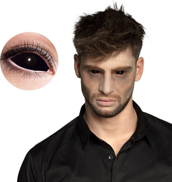 Man met zwarte sclera lenzen, met een close-up van een oog naast.