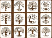 Bullet Journal Plastic Stencils - 12 stuks - Templates - Tree of Life - Bomen - Boom - Levensboom - Mix - Sjablonen - 15 x 15 cm - Handlettering toolkit - Knutselen - Decoratie - Accessoires