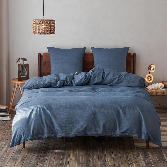 Beddengoedset, 100% gewassen katoen, zacht en aangenaam slaapcomfort, Oeko-Tex gecertificeerd, dekbedovertrek en kussenslopen, 155 x 220 cm, blauw
