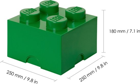 Groene LEGO opbergdoos met vier noppen, met afmetingen van 250 mm x 250 mm x 180 mm.