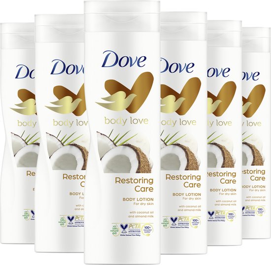 Zes flessen Dove Body Love Restoring Care bodylotion op een rij.