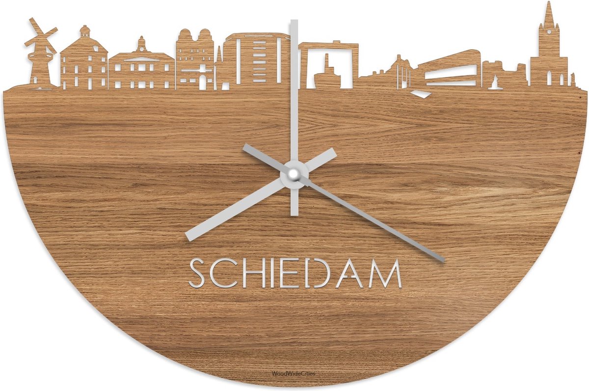 Skyline Klok Schiedam Eikenhout - Ø 40 cm - Stil uurwerk - Wanddecoratie - Meer steden beschikbaar - Woonkamer idee - Woondecoratie - City Art - Steden kunst - Cadeau voor hem - Cadeau voor haar - Jubileum - Trouwerij - Housewarming - WoodWideCities