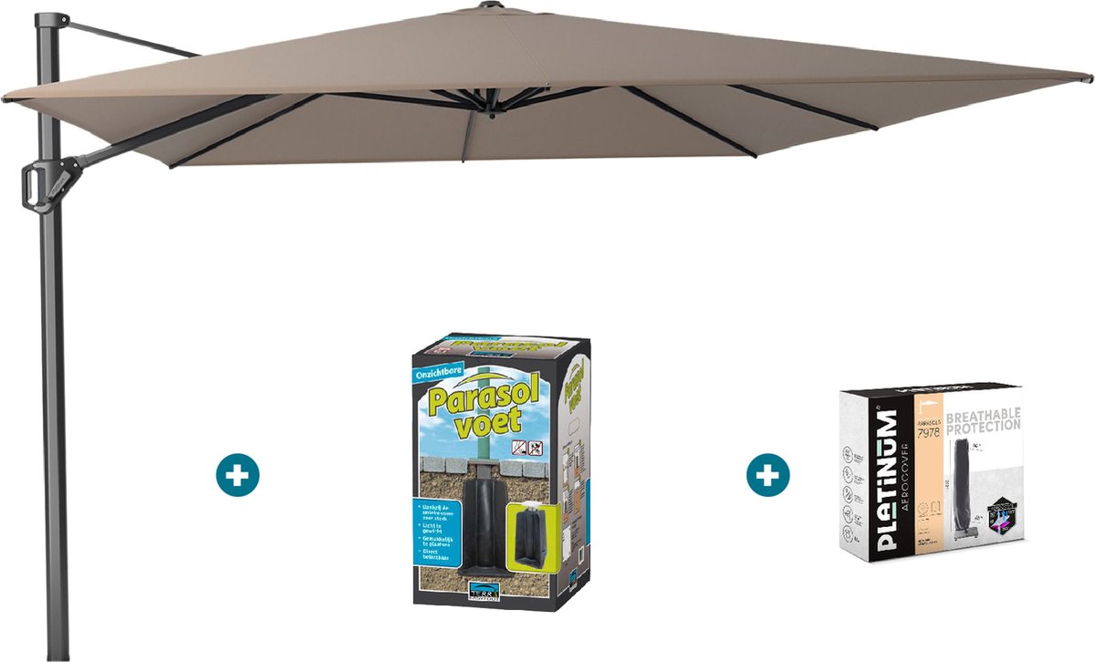 Platinum Challenger zweefparasol T1 Premium 4x3 m. Havana Taupe met ingraafvoet en hoes