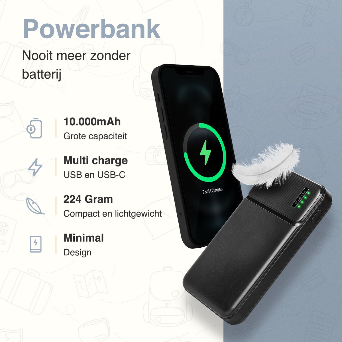 ForDig Powerbank 10000mAh – Powerbank iPhone – Powerbank Samsung – Fast Charge - Universeel - 4 Poorten – USB A, USB C en Micro USB - Compact Design — cadeau in Elektronica - foto 3