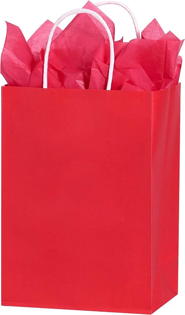 Papieren Draagtassen met Gevlochten Oren - 22x10x28cm - rood - 50 stuks / papieren tassen Kraft Papieren Tasjes Met Handvat/ Cadeautasjes met gedraaid handgrepen/kleine geschenkzakjes ideaal voor verjaardag, bruiloft, babyshower, winkelen, Kerstmis