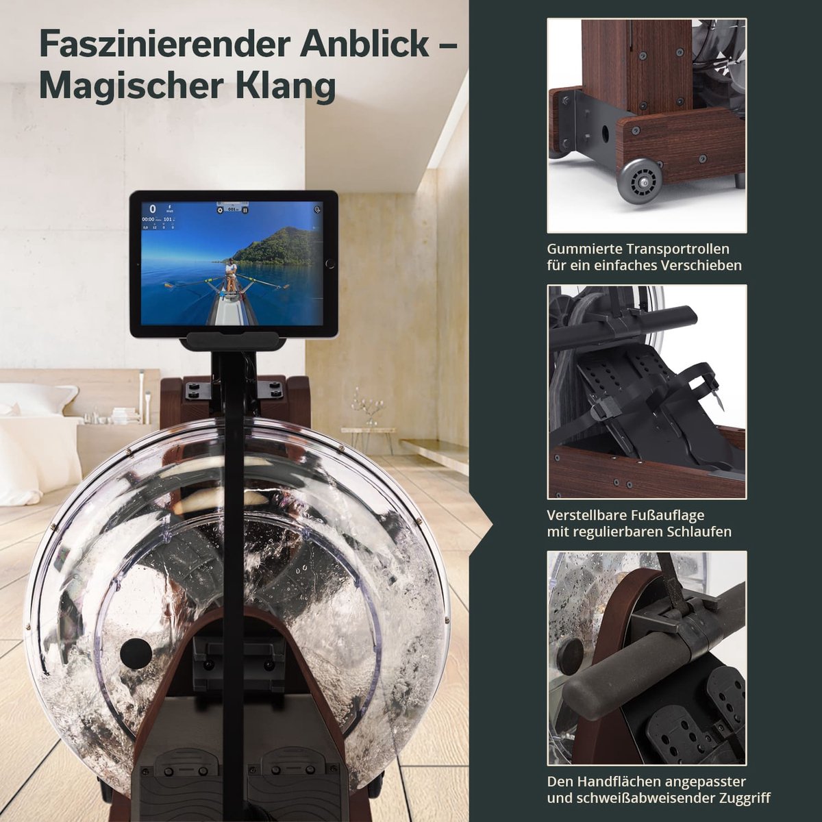 Afbeelding 3 van Skandika Lykke Water Roeimachine – Water Roeimachine – Roeiapparaat – 90° Tank – Houten Roeitrainer fitness voor thuis, met instelbare waterweerstand – Roeier met max. 150kg Gebruikersgewicht – Kinomap App Compatible, Massief Beukenhout – donker hout