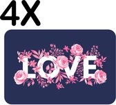 BWK Stevige Placemat - Love met Roze Bloemen op Donker Blauwe Achtergrond - Set van 4 Placemats - 45x30 cm - 1 mm dik Polystyreen - Afneembaar