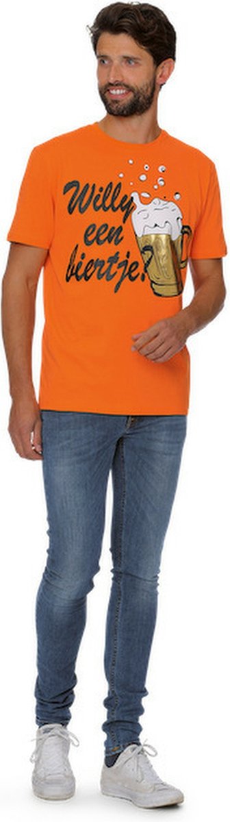 Oranje - T-Shirt Heren - Koningsdag - Willy een biertje - 100% Katoen - Maat L - 52/54