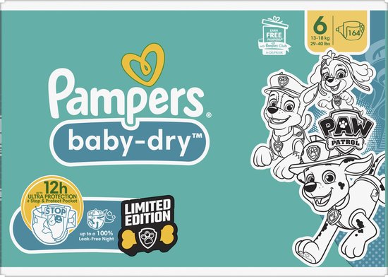 Pampers Baby-Dry - Paw Patrol-editie - Maat 6 (13kg-18kg) - 164 Luiers - Maandbox - Pampers