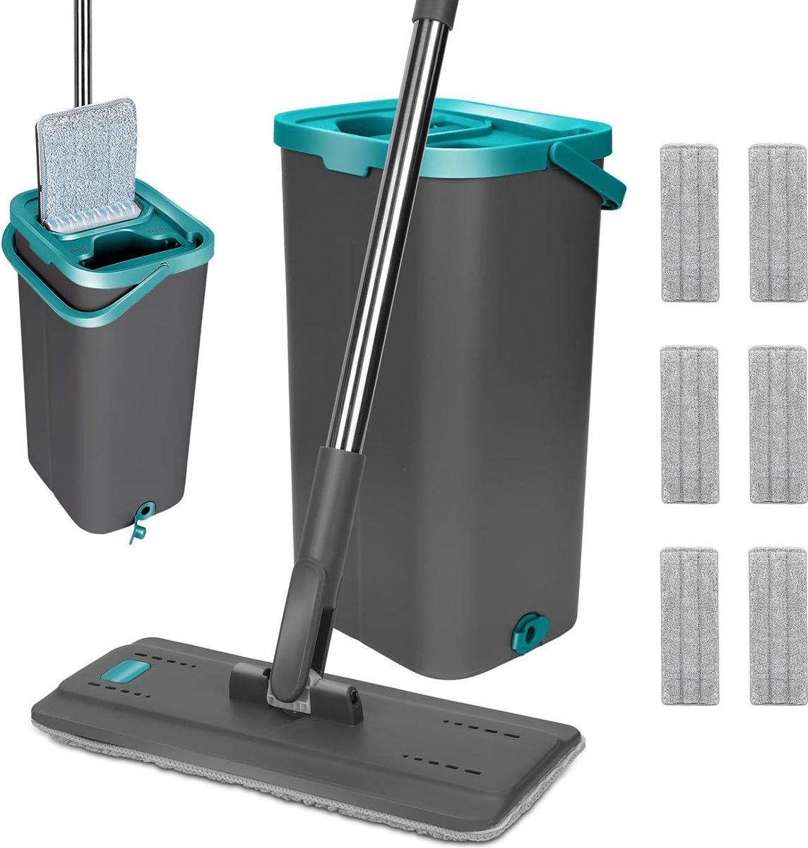 Mopset met emmer reinigingsemmer met platte mop en 6 microvezelmoppads vloermop met roestvrijstalen handgreep en wringfunctie voor vloerreiniging houten vloeren laminaat tegels grijs +