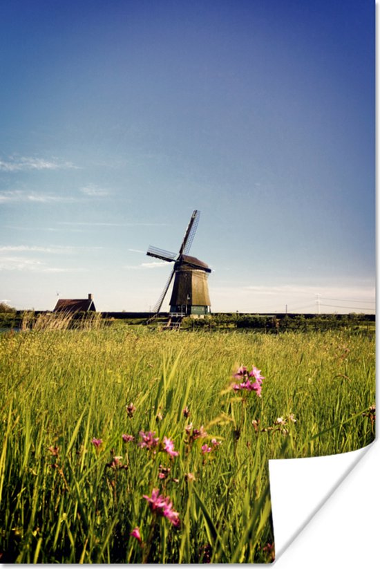 Papier affiche Moulin avec fleurs 80x120 cm - Tirage photo sur Poster (décoration murale salon / chambre) / Poster Paysages