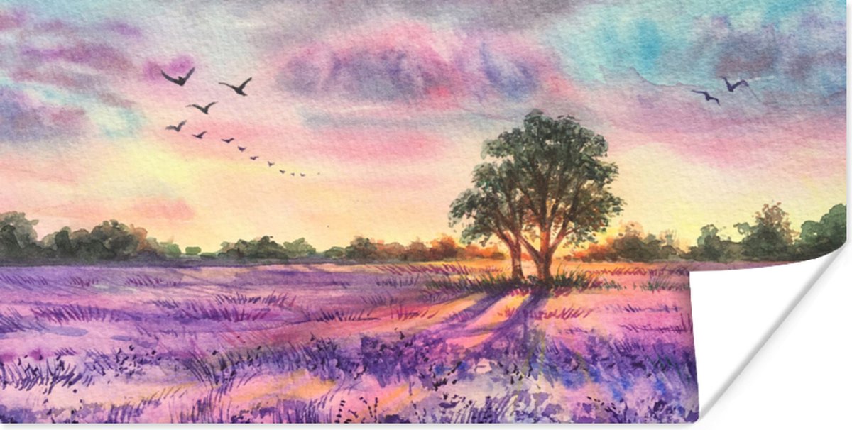 Poster Lavendel - Verf - Vogels - Bomen - Paars - 120x60 cm