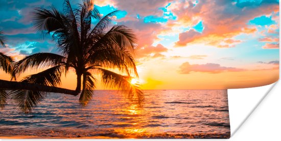 Poster Palm - Zonsondergang - Horizon - Strand - Zee - Tropisch - 40x20 cm - Kerstversiering - Kerstdecoratie voor binnen - Kerstmis