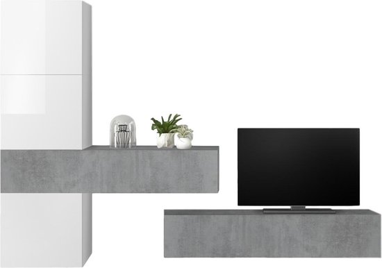 TV-wandmeubel Bruno in hoogglans wit met grijs beton
