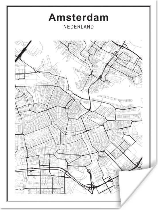 Affiche Plan de la ville - Amsterdam - Zwart Wit - 90x120 cm