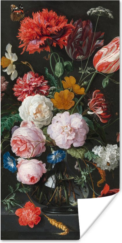 Poster Stilleven met bloemen in een glazen vaas - Schilderij van Jan Davidsz. de Heem - 60x120 cm