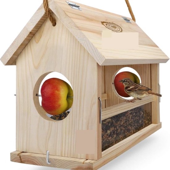DARLUX Vogelfutterhaus XL Sechseck Vogelhaus aus Holz Rot/ Blau/ Grün