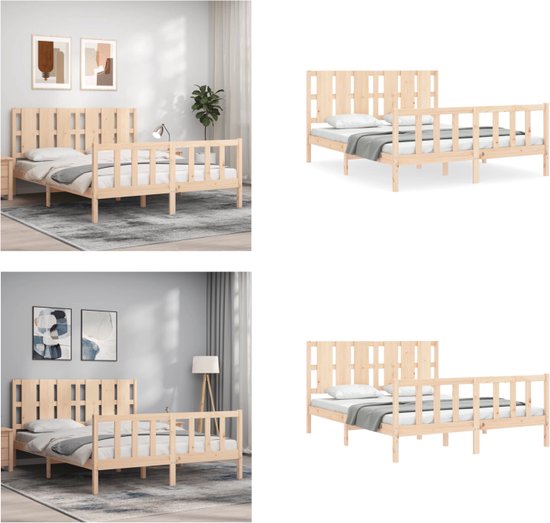 vidaXL Bedframe met hoofdbord massief hout 160x200 cm - Bedframe - Bedframes - Bed - Tweepersoonsbed