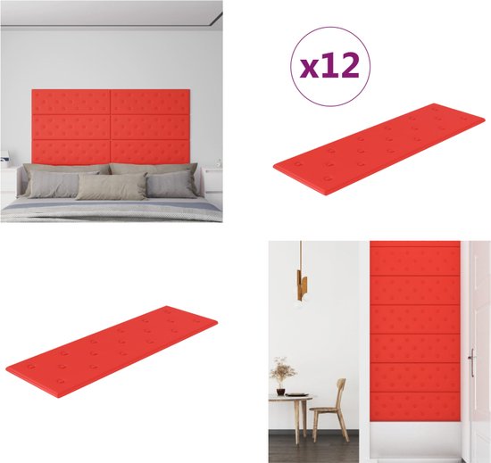 vidaXL Wandpanelen 12 st 3-24 m² 90x30 cm kunstleer rood - Wandpaneel - Wandpanelen - Wanddecoratie - Wandversiering