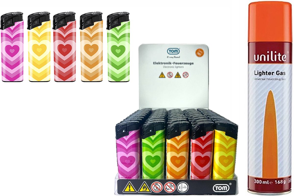 Goedkoopste Unilite Aanstekers 50 stuks in tray - hartjes print - navulbaar klik aansteker Gas fles van 300ml