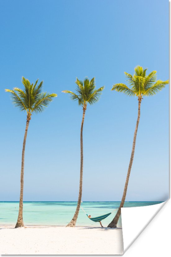 Caribisch strand 3 palmbomen Poster 120x180 cm - Foto print op Poster (wanddecoratie woonkamer / slaapkamer) / Caraïben Poster XXL / Groot formaat!