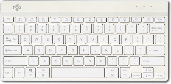 Een wit compact toetsenbord met QWERTY (US) lay-out op een zwarte achtergrond.
