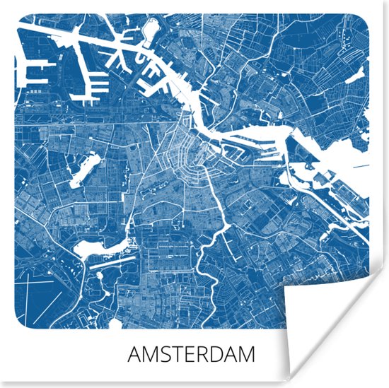Poster Stadskaart - Amsterdam - Blauw - 100x100 cm XXL - Plattegrond