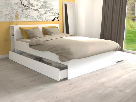 Bed met hoofdeinde, opbergruimtes en lades - 160 x 200 cm - Wit - EUGENE L 225 cm x H 80 cm x D 164 cm