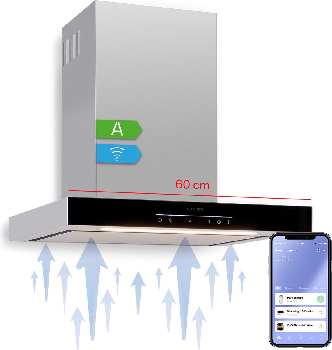 Klarstein afzuigkap 60 cm recirculatie/afvoer, afzuigkap voor keukens, afzuigkap met filter, afzuigkap met een luchtstroom van 577,8 m³/u, wandafzuigkappen met wifi-bediening en leds, afzuigkappen 60 cm