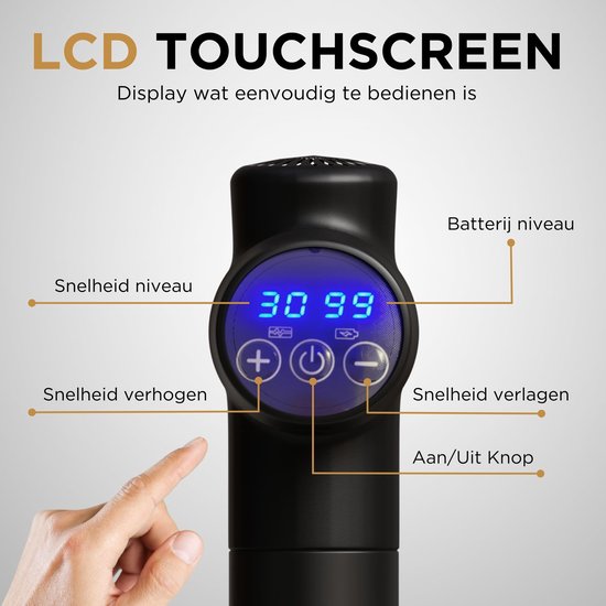 Close-up van LCD touchscreen op zwarte massage gun. Toont snelheid, batterij niveau. Knoppen voor aan/uit, +/-.