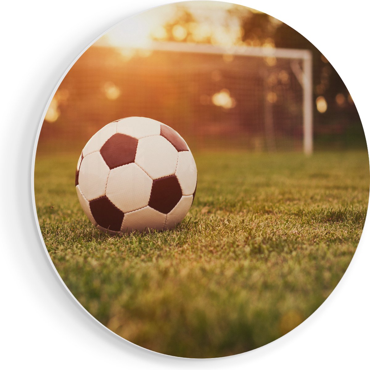 Artaza Forex Muurcirkel Voetbal Met Goal Tijdens Zonsondergang - 50x50 cm - Klein - Wandcirkel - Rond Schilderij - Muurdecoratie Cirkel