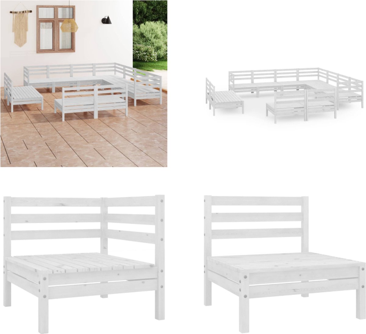 VidaXL 11-delige Loungeset massief grenenhout wit Pallet Loungeset Pallet Loungesets Pallet Loungebank Loungeset