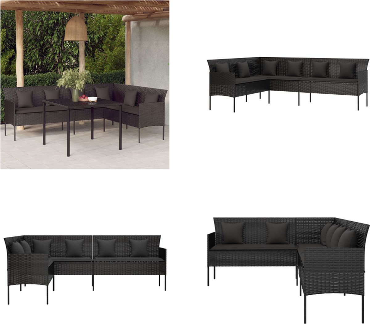 vidaXL - Tuinbank - L-vormig - met - kussens - poly - rattan - zwart