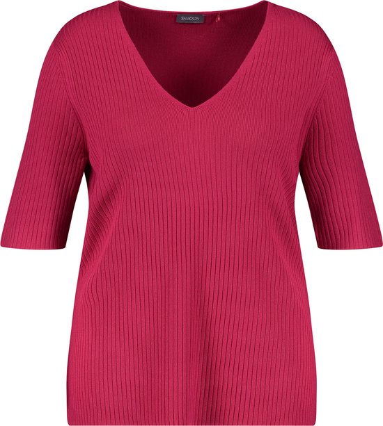 SAMOON Dames Ribgebreide trui met halflange mouwen Cranberry-52