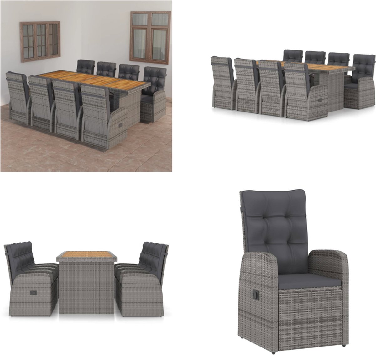 VidaXL 9-delige Tuinset met kussens poly rattan grijs Eethoek Voor Buiten Eethoeken Voor Buiten Tuintafel En Stoel Tuintafels En Stoelen