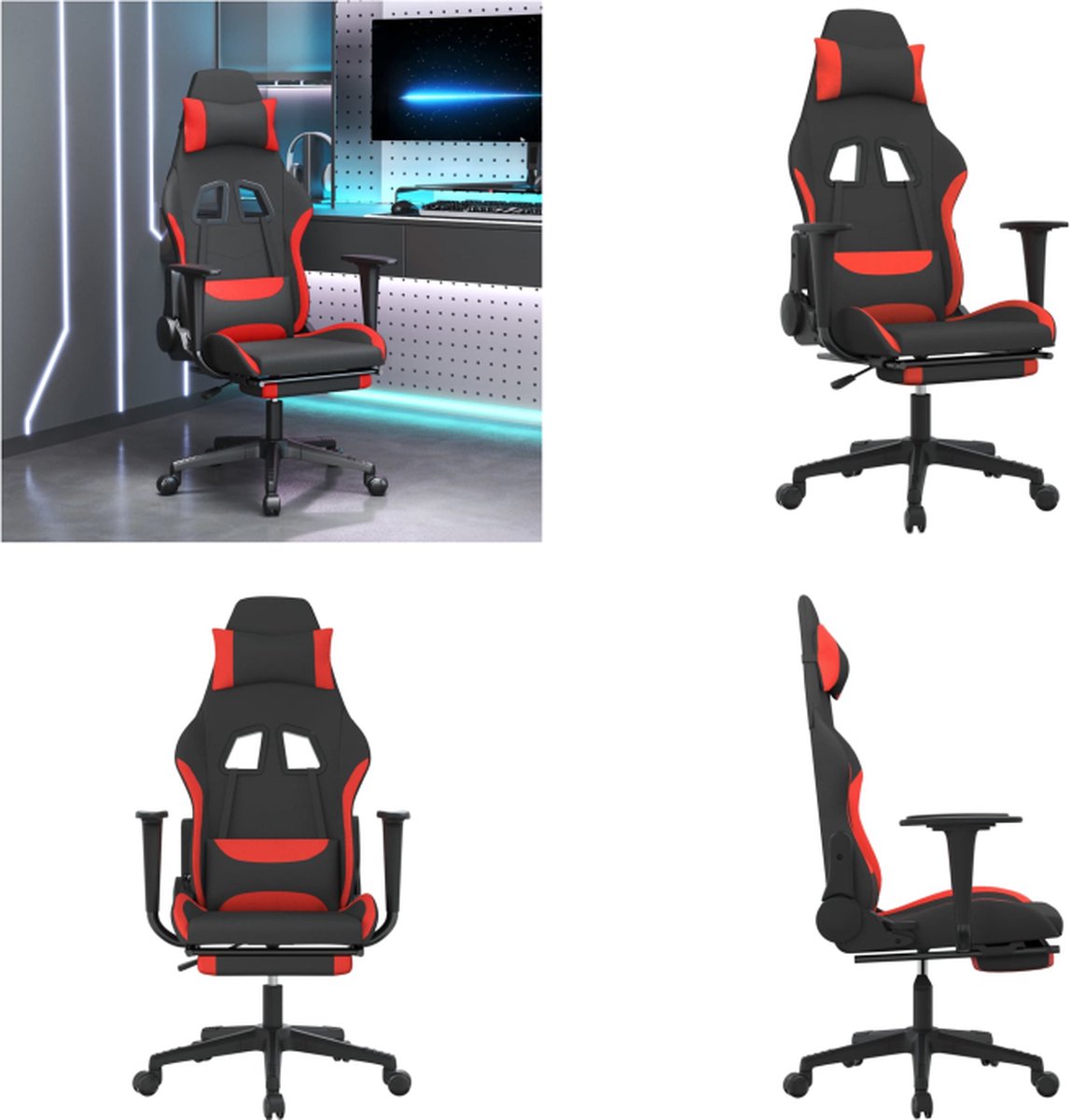 vidaXL Gamestoel met voetensteun stof zwart en rood - Gamingstoel - Gamingstoelen - Televisiestoel - Racingstoel