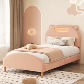 Lit enfant lit simple - lit d'adolescent lit rembourré avec bande LED- tête de lit en forme de tête d'ours amusante - avec sommiers à lattes en bois - velours-kaki (90x200cm)