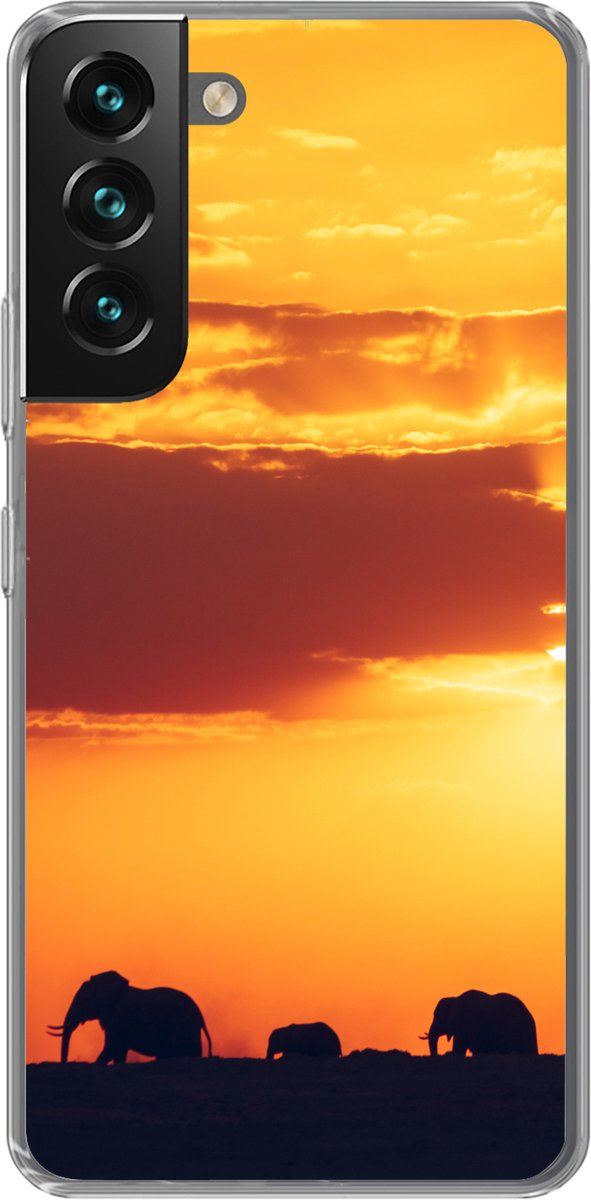 Telefoonhoesje Geschikt voor Samsung Galaxy S22 hoesje - Olifanten - Horizon - Zonsondergang - Dieren - Siliconen Telefoonhoesje Telefoonhoesje