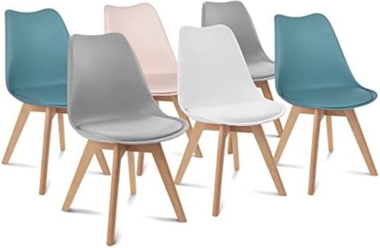 Sara Mix Color Set van 6 stoelen in pastelkleuren roze, wit, 2 x lichtgrijs, 2 x blauw