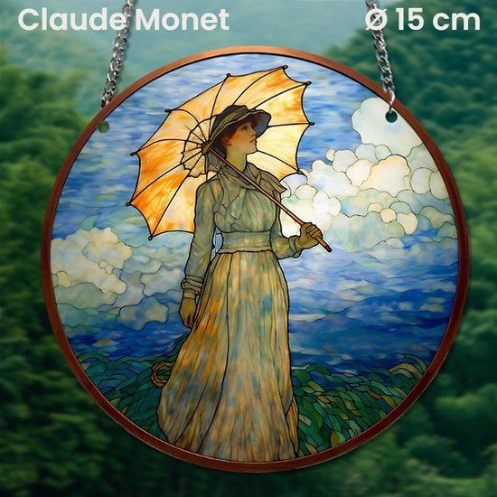 Raamhanger Raamdecoratie Claude Monet Vrouw met Parasol - Kleurige Zonnevanger Rond Acryl met Ketting - Suncatcher Rond model 15 cm %%