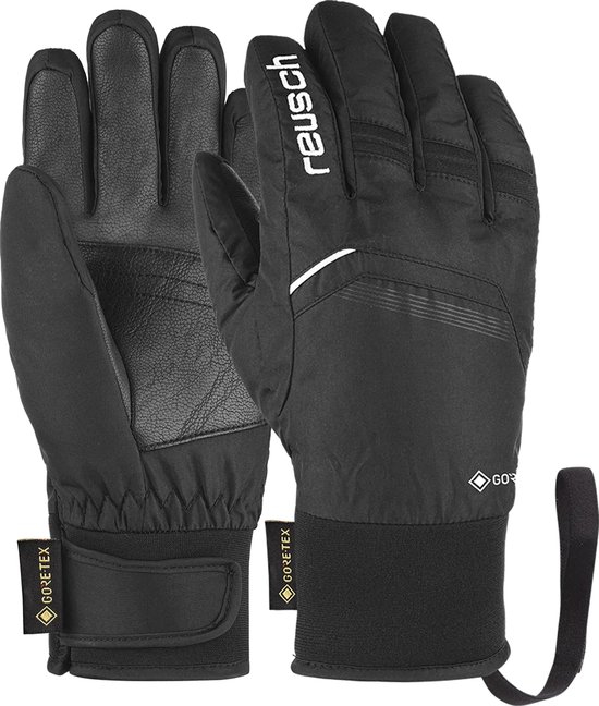 Zwarte Reusch skihandschoenen, één met Gore-Tex logo, de ander met 'reusch' logo.