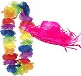 Carnaval verkleedset - Tropical Hawaii party - strohoed roze - en volle bloemenslinger multi colours - voor dames