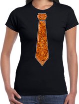 Bellatio Decorations Verkleed shirt dames - stropdas paillet oranje - zwart - carnaval - foute party XS