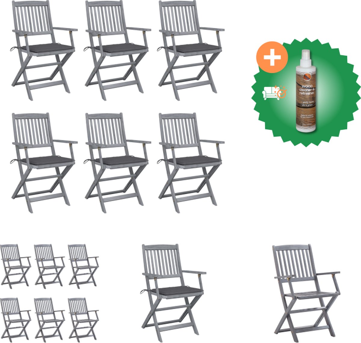 VidaXL Stoelenset Acacia Klapstoelen 6x met kussen Massief hout Greywash Antraciet 54x57x91cm Montage vereist Tuinstoel Inclusief Houtreiniger en verfrisser